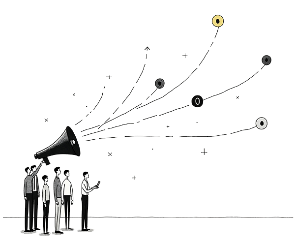 An illustration of a group of people. One person is holding a megaphone with bubbles and lines eminating from it representing the giving of feedback.