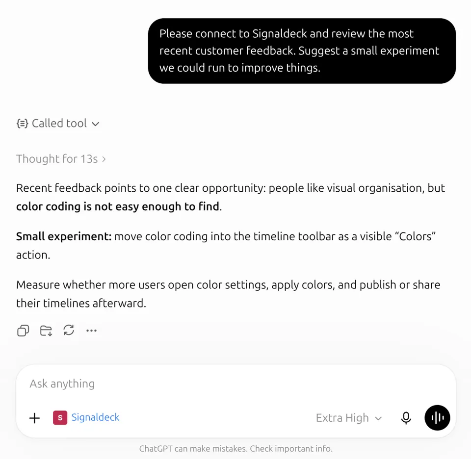 ChatGPT connected to Signaldeck and suggesting a small product experiment from recent customer feedback.