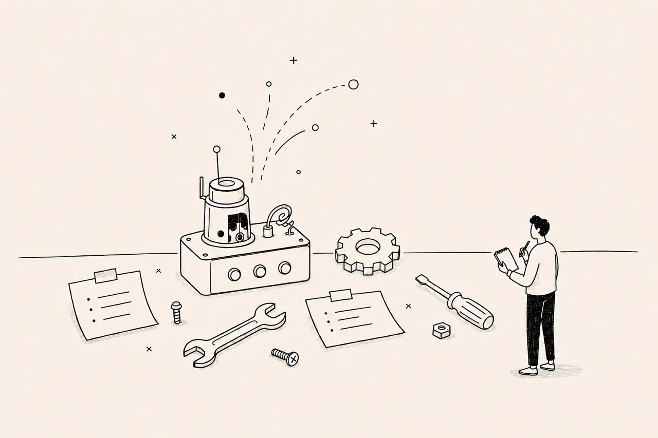 Illustration of a person studying a small signal machine and tools on a table