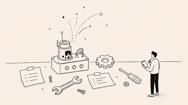 Illustration of a person studying a small signal machine and tools on a table