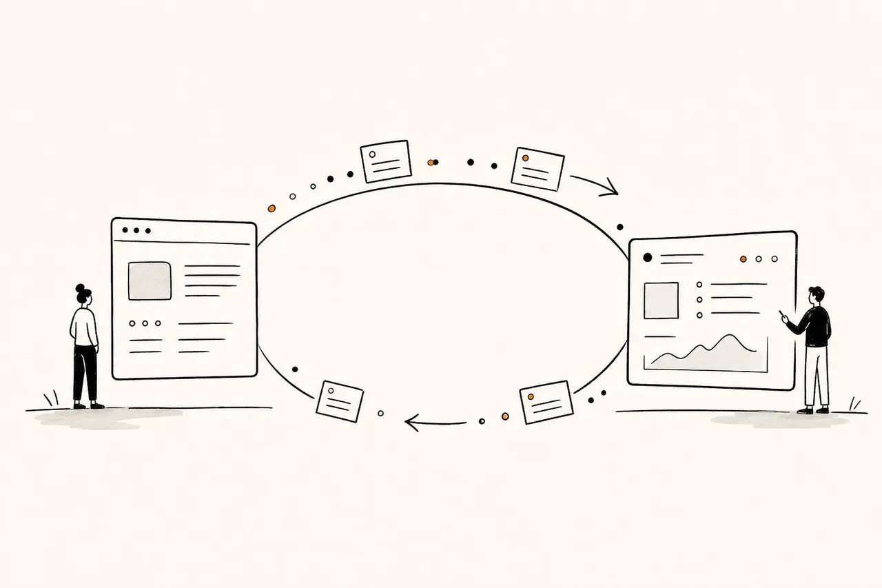 Illustration of customer feedback moving between a website and a product team