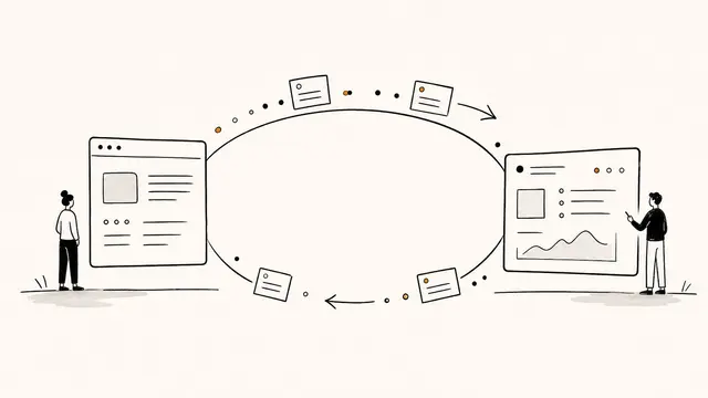 Illustration of customer feedback moving between a website and a product team