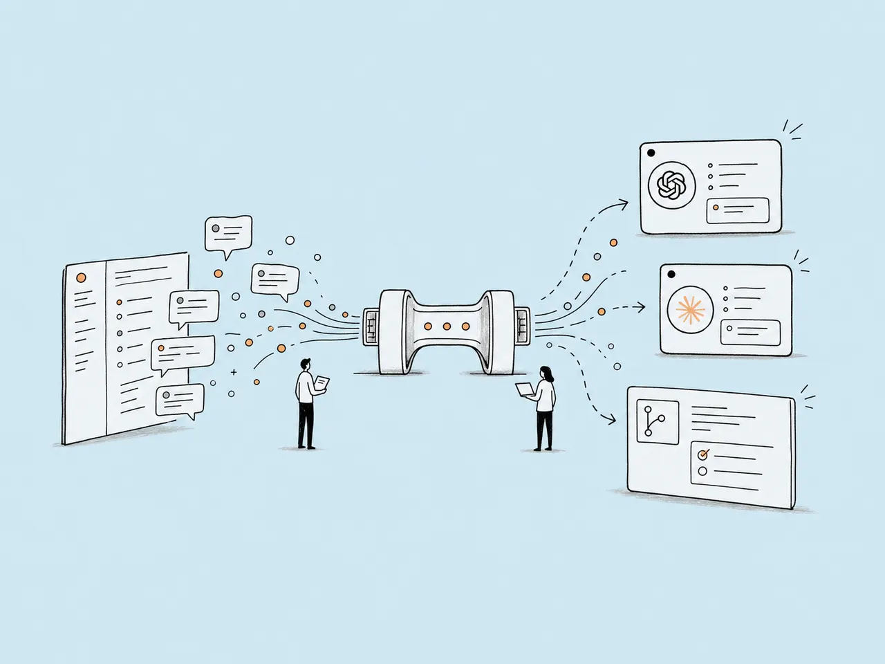 Illustration of feedback context moving through an MCP connector into AI and agent workflows