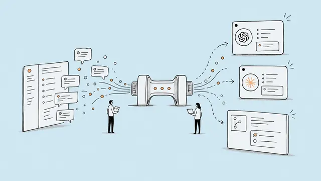 Illustration of feedback context moving through an MCP connector into AI and agent workflows