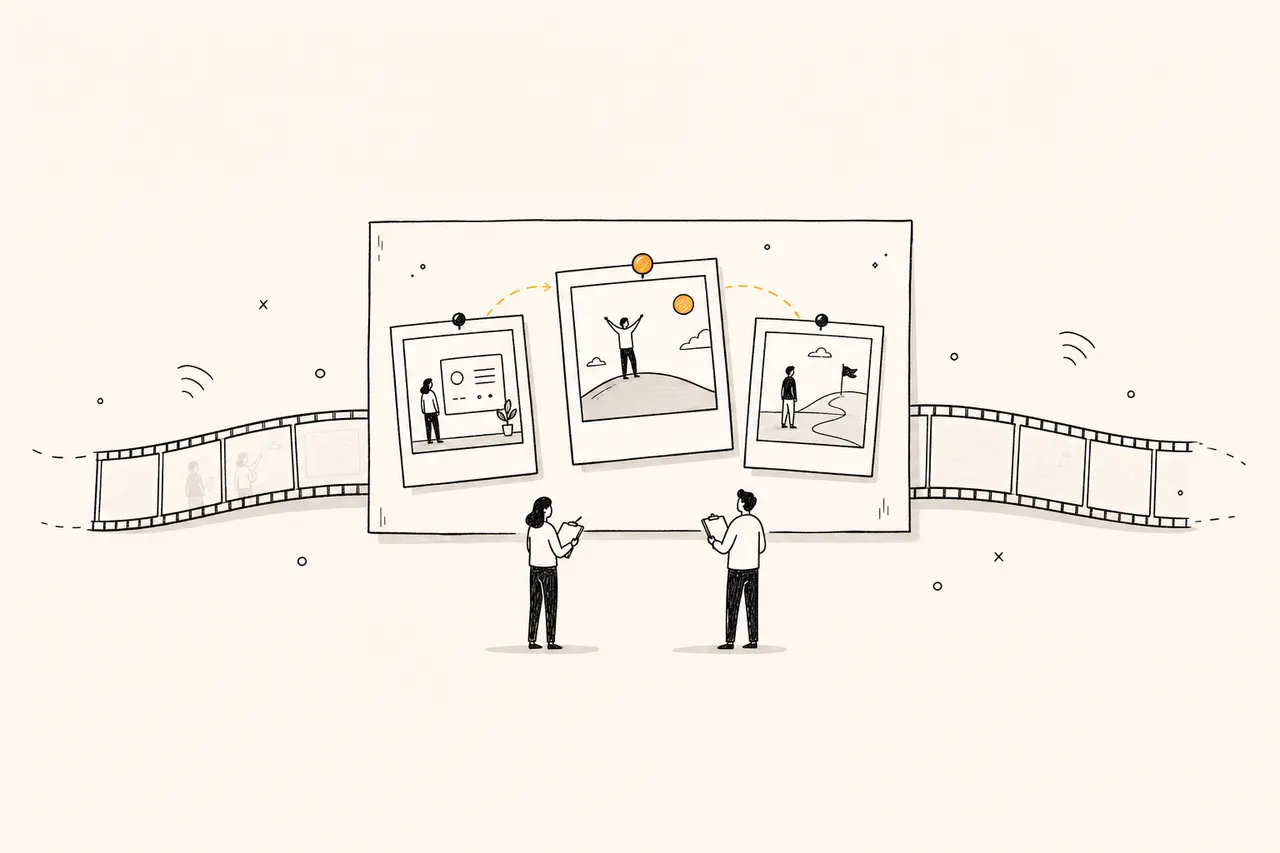 Illustration of a film strip becoming a few pinned photographs