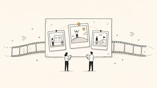 Illustration of a film strip becoming a few pinned photographs