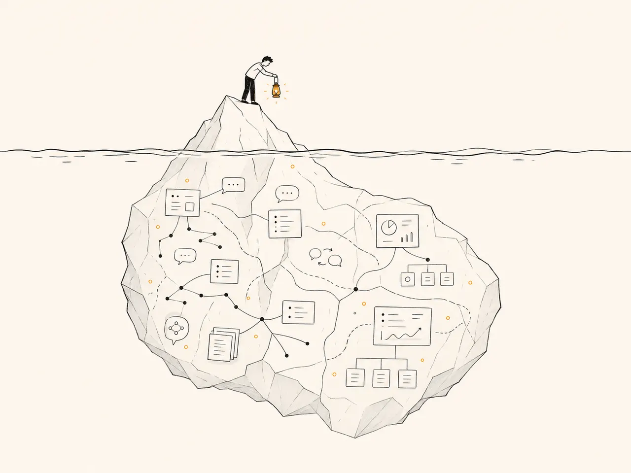 Illustration of a founder standing on an iceberg with a lantern above hidden feedback workflows below the waterline