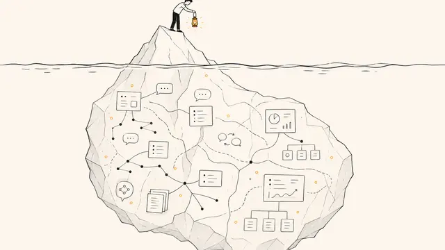 Illustration of a founder standing on an iceberg with a lantern above hidden feedback workflows below the waterline